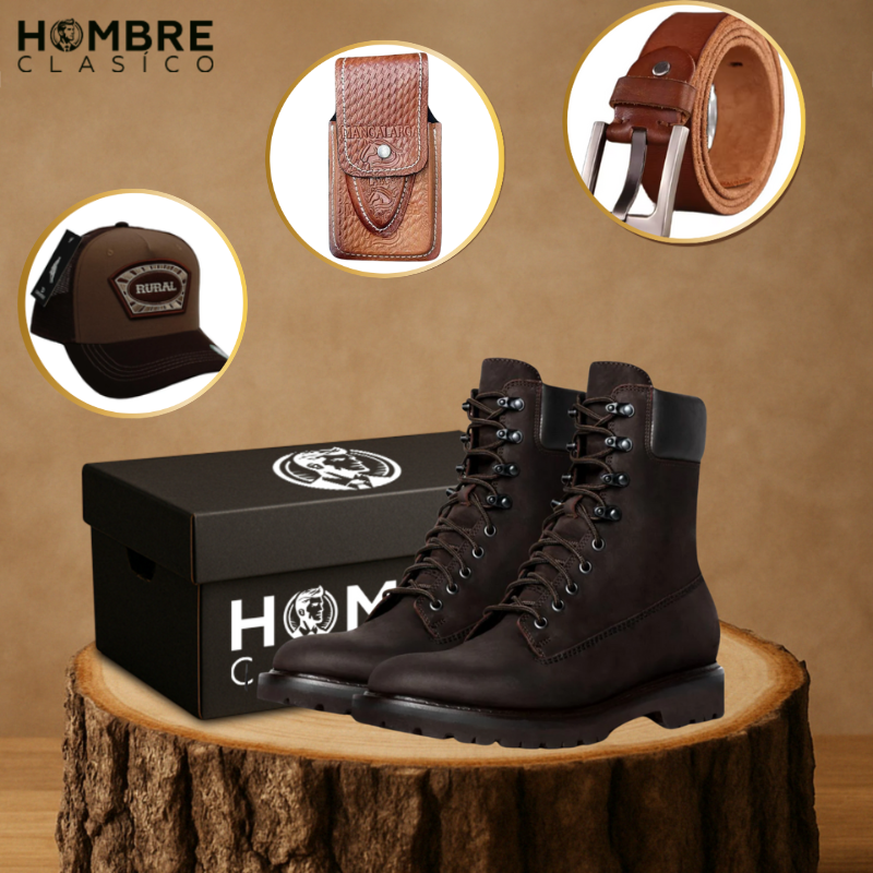Kit Bota Masculina Fuerza en Cuero Legítimo y Suela Antideslizante +REGALO: Gorra, Funda y Cinturón