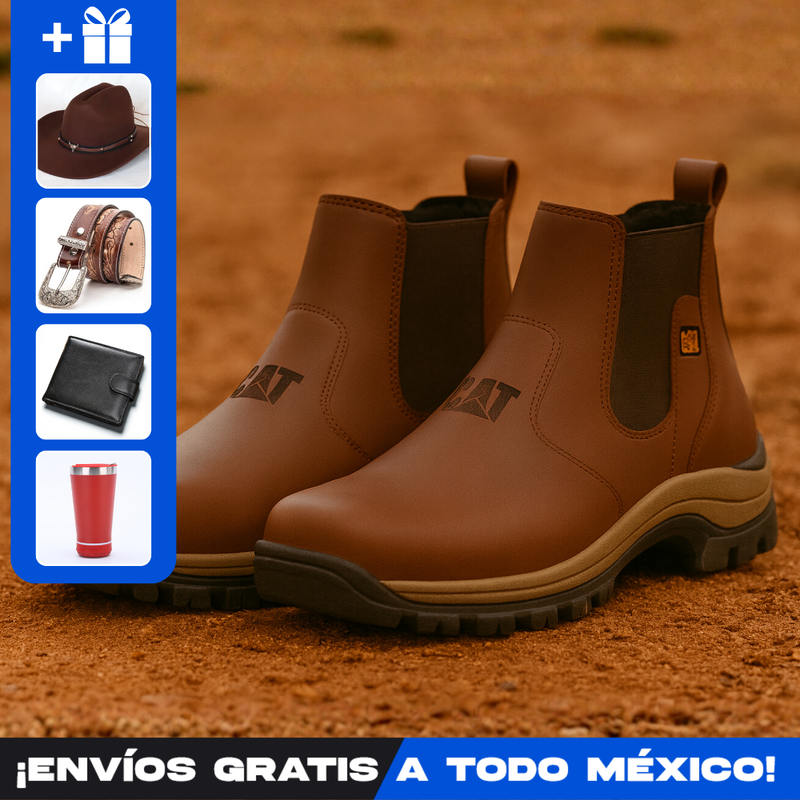 Kit Bota para Hombre Adventure de Piel Genuina con Plantilla Ortopédica +4 REGALOS: Sombrero, Cinturón, Cartera y Vaso Térmico