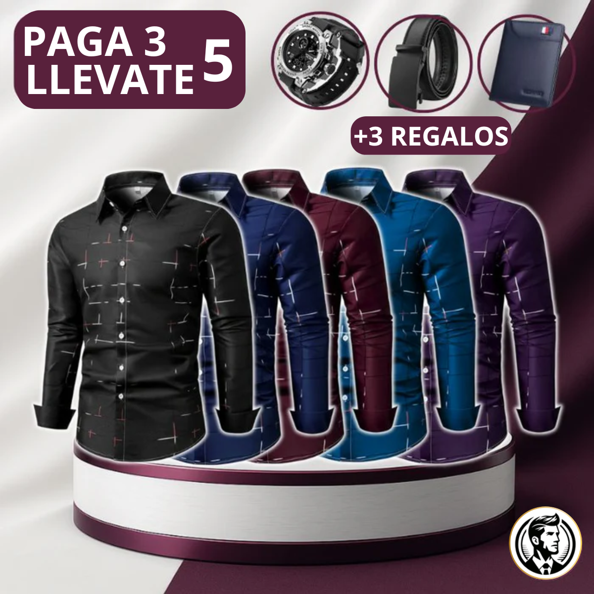 [PAGÁ 3 LLEVÁ 5] Camisa de Manga Larga Casual European en Seda Color Hielo y Poliéster + REGALOS: Cinturón, Billetera y Reloj