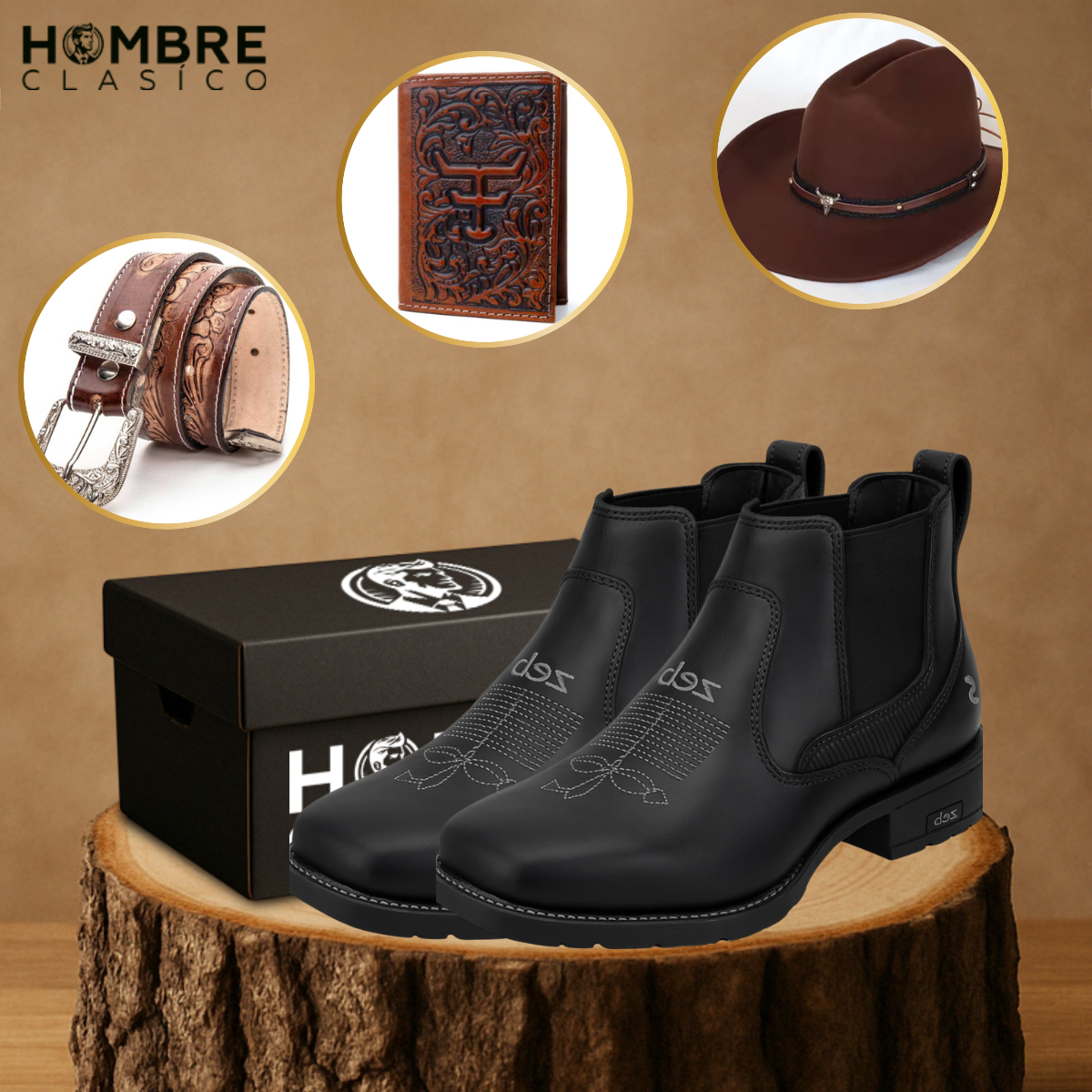 Kit Bota El Patrón en Cuero Legítimo +REGALOS: Sombrero de Cuero, Cinturón y Billetera