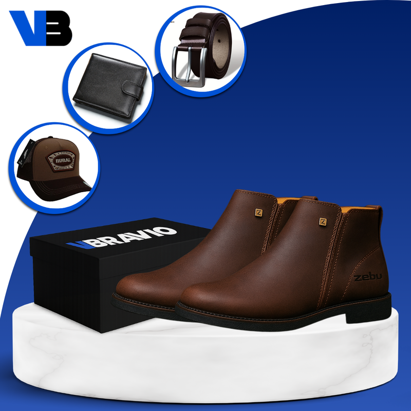 Kit Bota Zavu Casual Ortopédica de Hombre en Cuero Legítimo +3 REGALOS: Cinturón, Gorra y Billetera
