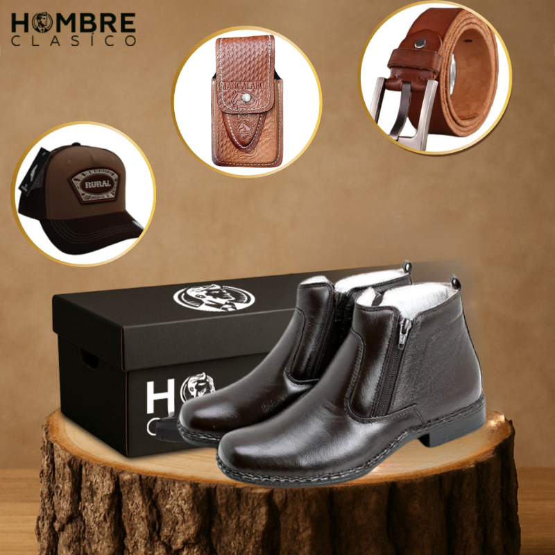 Kit Bota de Hombre Bravik en Cuero Legítimo con Plantilla Ortopédica +REGALOS: Gorra, Cinturón y Funda con Cuchillo