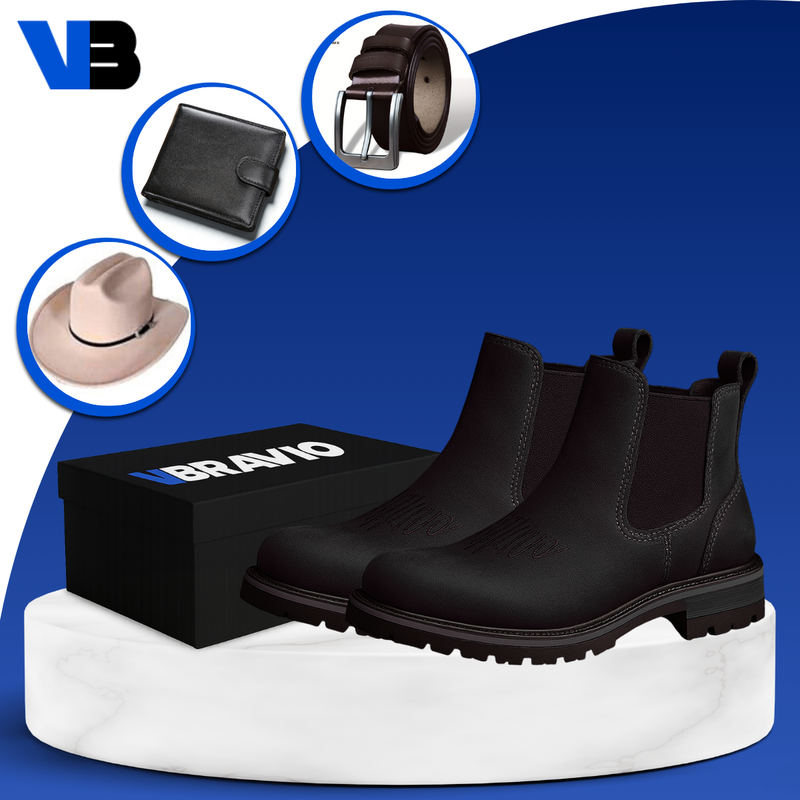 Kit Bota El Patrón en Cuero Legítimo +REGALOS: Sombrero de Cuero, Cinturón y Billetera