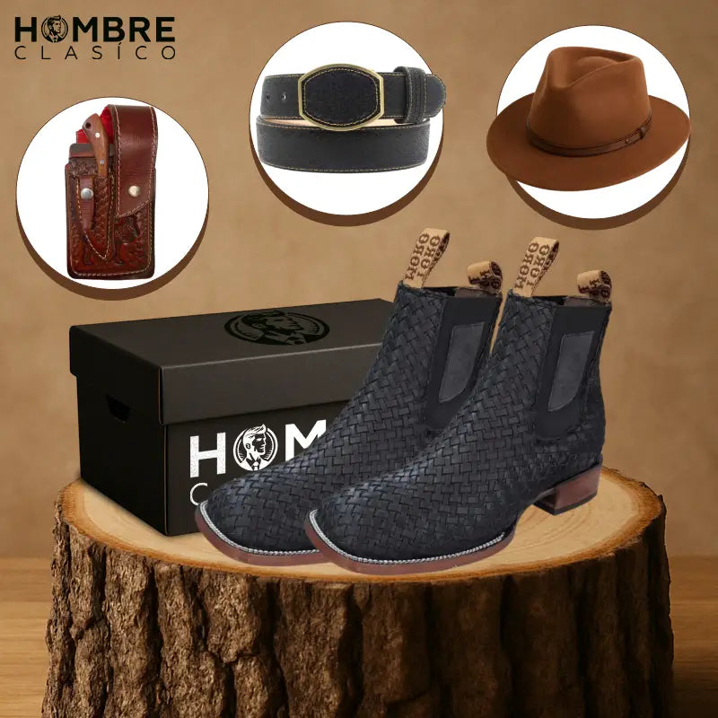 Kit Bota Llanero de Cuero Auténtico con Suela Antideslizante +3 REGALOS: Sombrero, Vaina y Cinturón de Cuero
