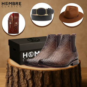 Kit Bota Llanero de Cuero Auténtico con Suela Antideslizante +3 REGALOS: Sombrero, Vaina y Cinturón de Cuero