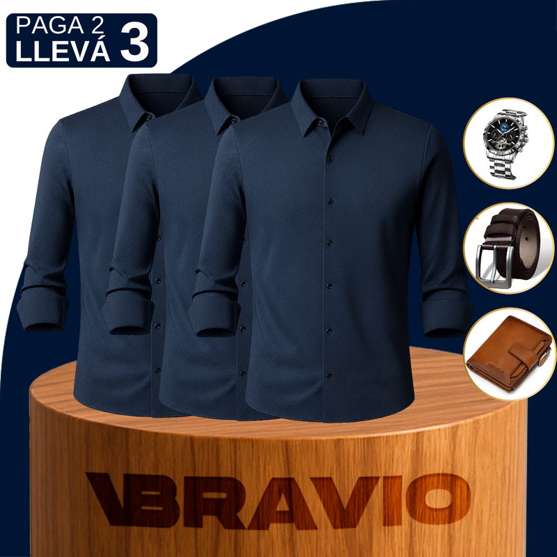[Llevá 3 Pagá 2] Camisa Social en Seda Hielo y Poliéster Premium + REGALOS: Cinturón, Reloj y Billetera